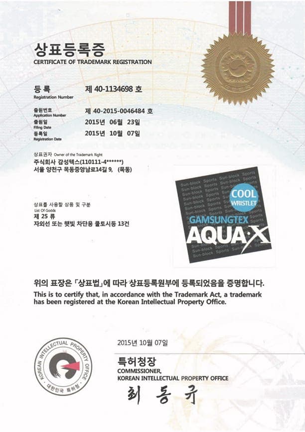 AQUA·X COOL WRISTLET — South Korea trademark registration #40-1134698